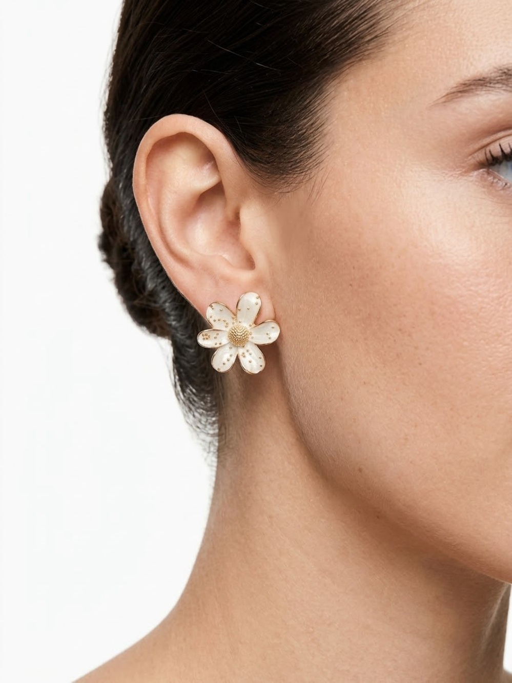 Gold and Ivory Floral Stud Earrings - Women Jewelry
